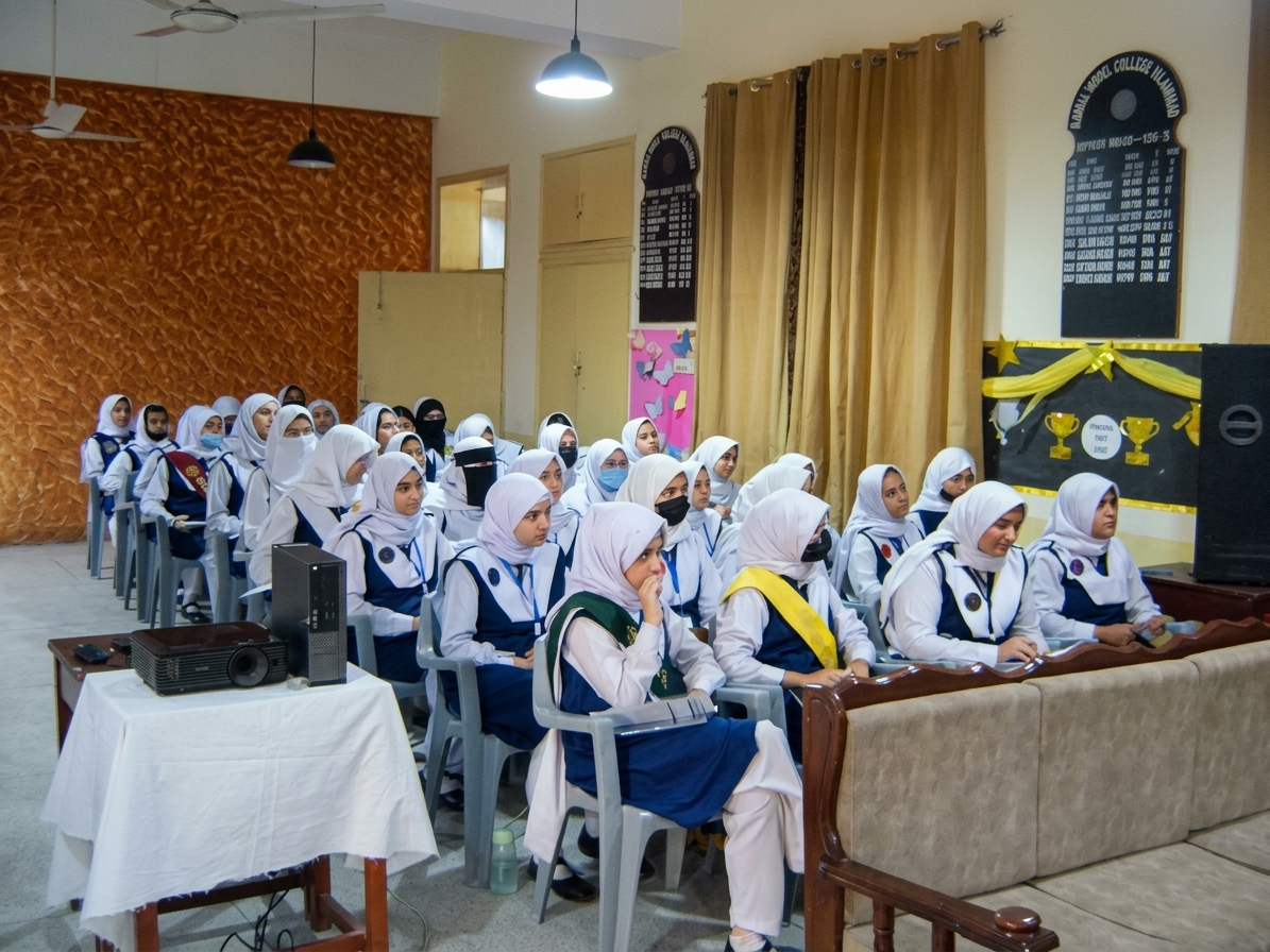 Students attending an AI awareness session at Bahria College